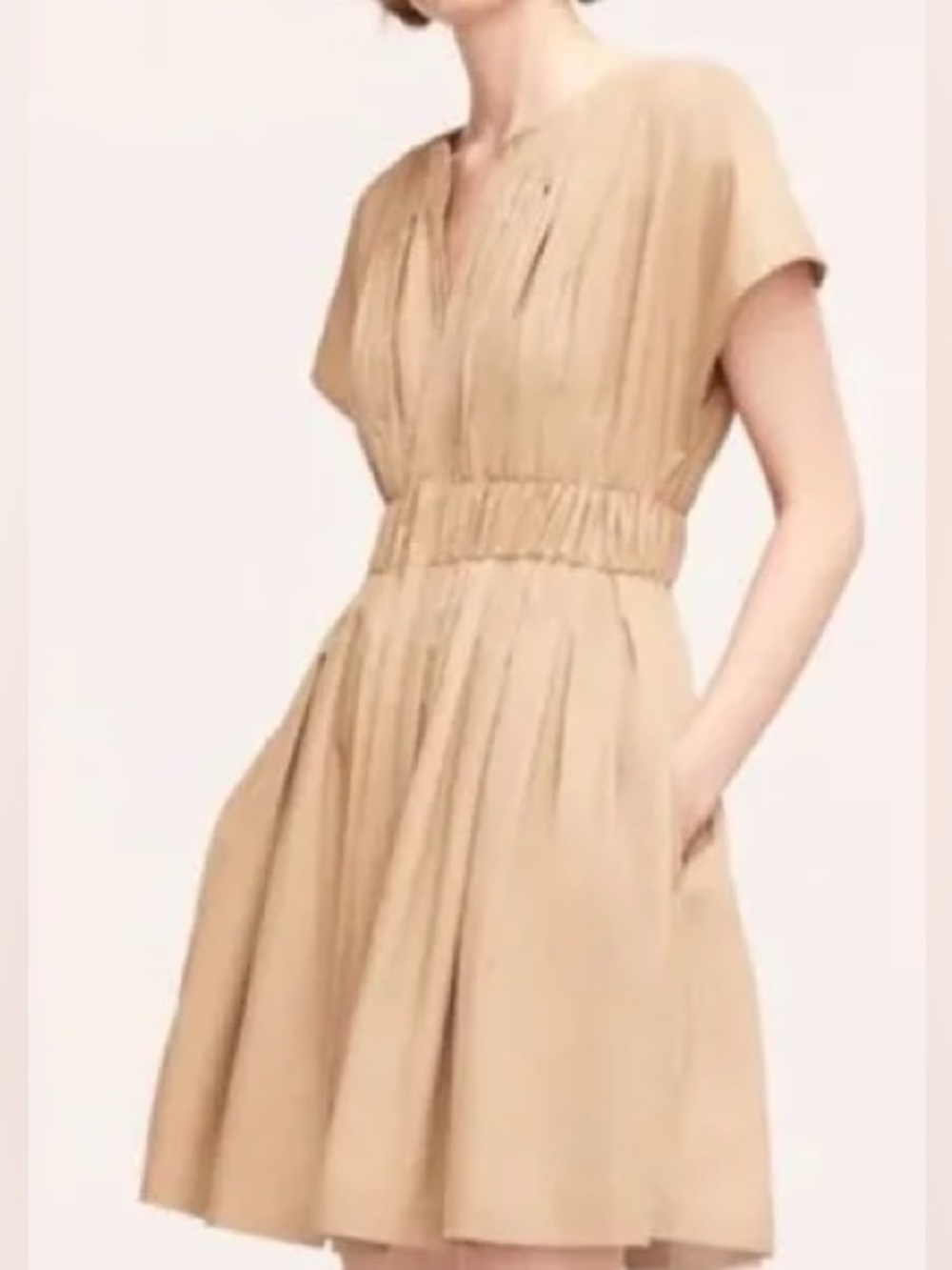 Rebecca Taylor Size Large Fit and Flare Pleated Tan Smocked Front Mini Dress